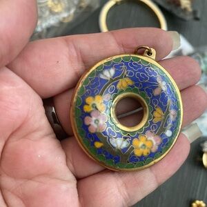 Cloisonné big Floral Donut Pendant Necklace - Blue & Green